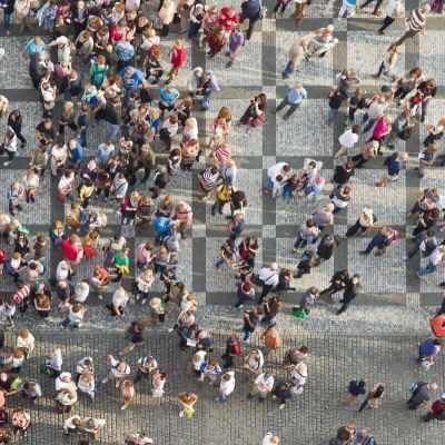 Aerial phot of a crowd of people.