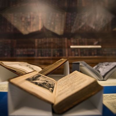 A display case in Senate house Library