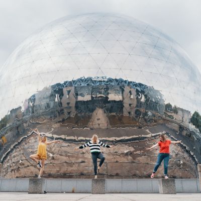 Female students in front of La Géode in Paris