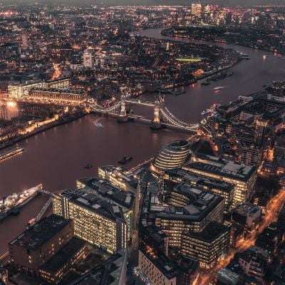 Aerial view of London at dawn with Tower Bridge and the Thames
