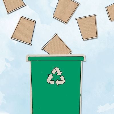 Sustainability depicted by a green recycling bin and paper