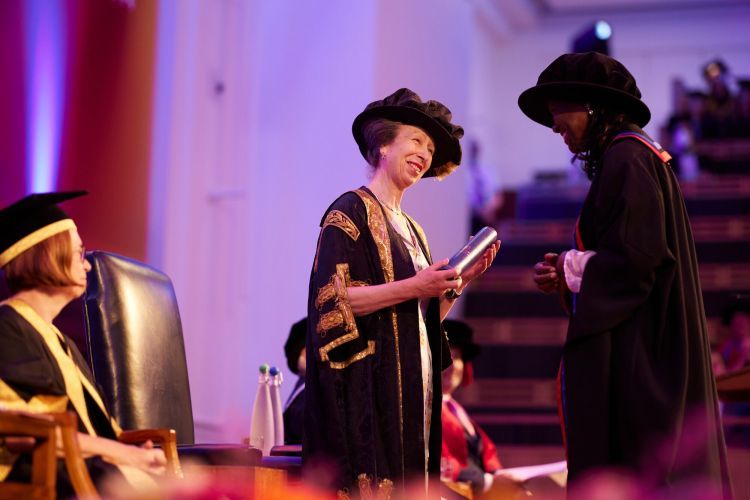 University of London Graduation 2022 images of HRH Princess Anne with Pamela Roberts (Honorary Fellow). Shot at Friends House, London.