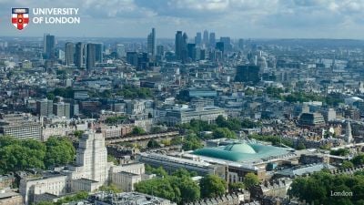 London cityscape with Senate House & UoL logo 