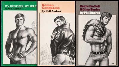 Three book covers by Phil Andros: My brother, my self, Roman conquests and Below the belt and other stories