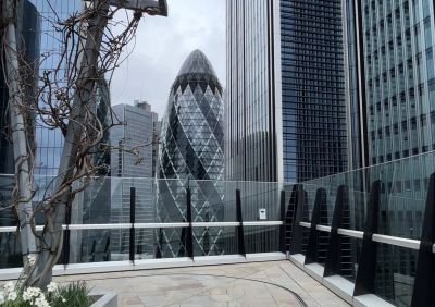 Image of Gherkin Building in London taken from rooftop garden