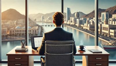 A man sitting at a desk looking out the window onto the city and a river.