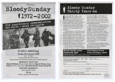 Back and front of a flyer for a public meeting to commemorate Bloody Sunday