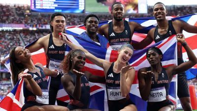 Top row (L-R): Louie Hinchliffe, Jeremiah Azu, Nethaneel Mitchel-Blake, and Zharnel Hughes. Bottom row (L-R): Imani Lansiquot, Dina Asher-Smith, Amy Hunt, and Daryll Neita