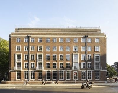 The Warburg Institute on a sunny day, against a blue sky.