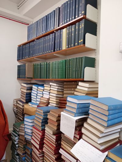 The books being packaged at the Library