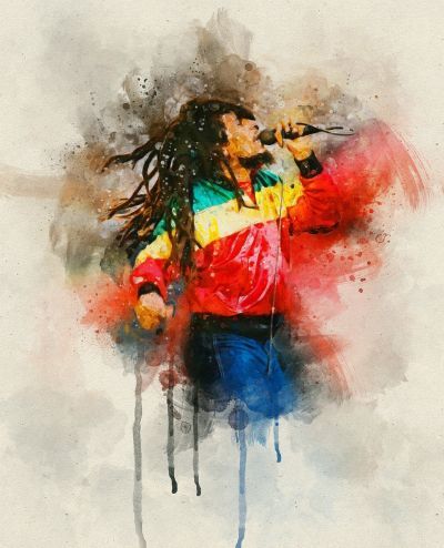 Painting of Bob Marley singing into the microphone.