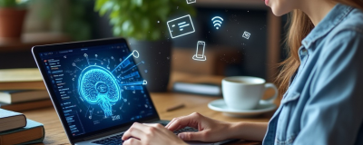 Person looking at a laptop with an AI brain on the screen