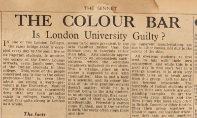 Student newspaper The Sennet with the headline "The Colour Bar: Is London University guilty?"