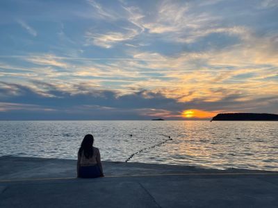 A person sitting and looking out to sea at the sunset.