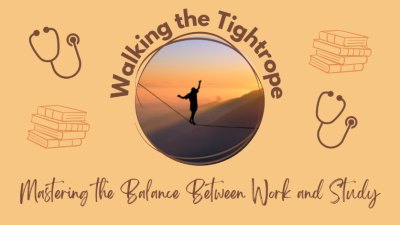 Walking the tightrope text with an image in the centre with the words: mastering the balance between work and study