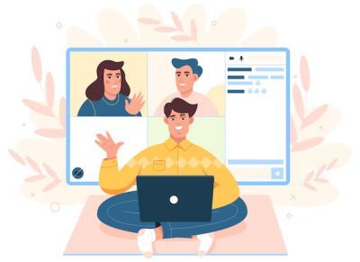 Animation of someone speaking to others on a laptop