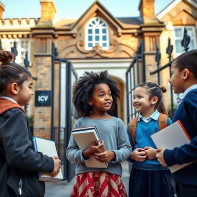A group of school children in front of a building