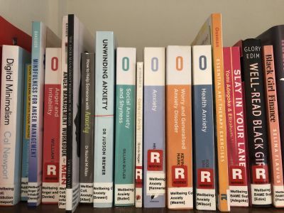 Photo of a shelf from the Senate House Library Wellbeing Collection